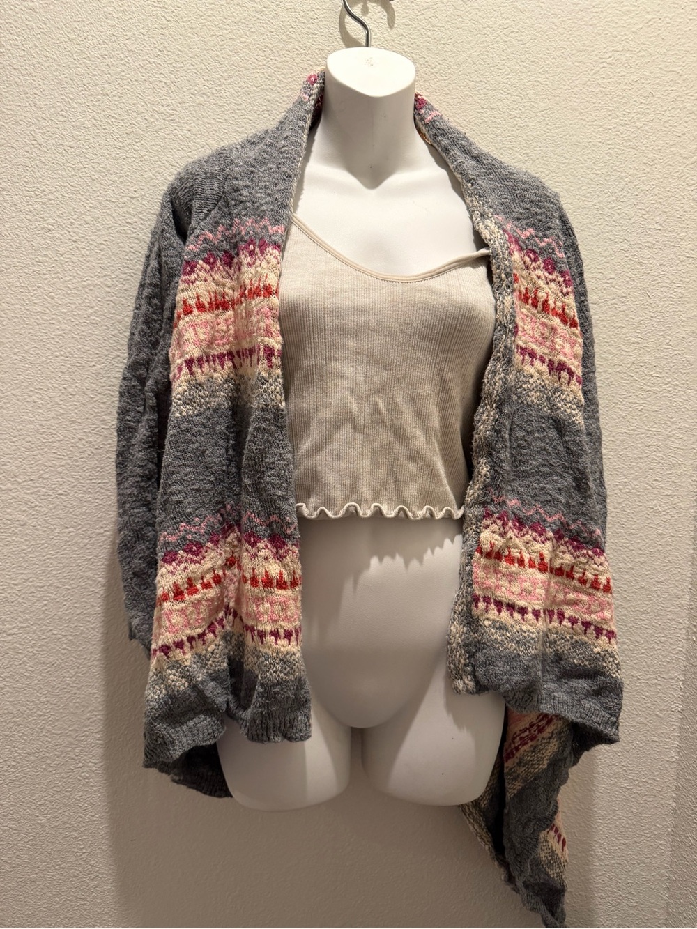 Mossimo Supply Co. Gray Knit Open-Front Cardigan with Cream & Pink Stripes